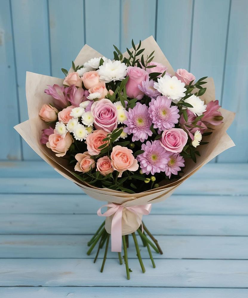 Букет цветов из: Хризантемы, Розы и Альстромерии в Жаворонки