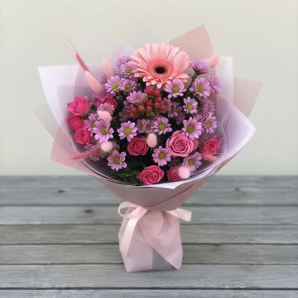 Букет цветов из: Розы, Герберы и Хризантемы в Жаворонки