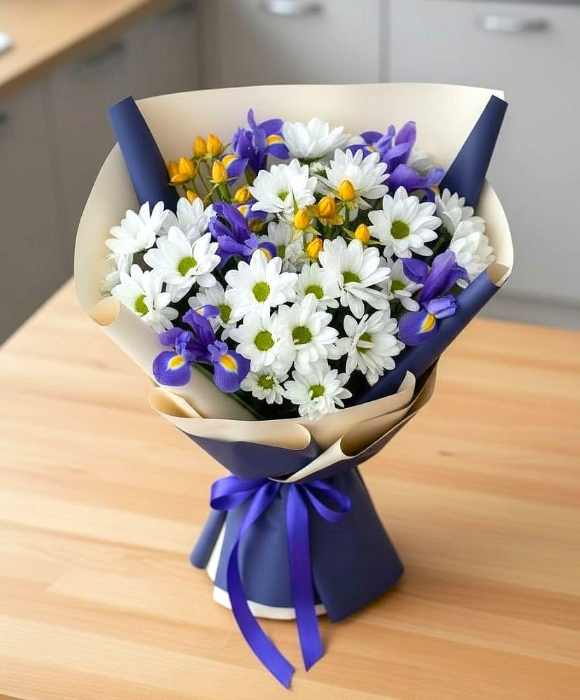 Букет цветов из: Розы, Ирисы и Хризантемы в Жаворонки