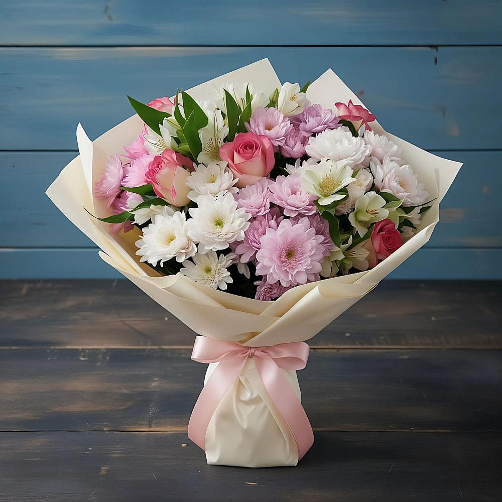 Букет цветов из: Хризантемы, Альстромерии и Розы в Жаворонки